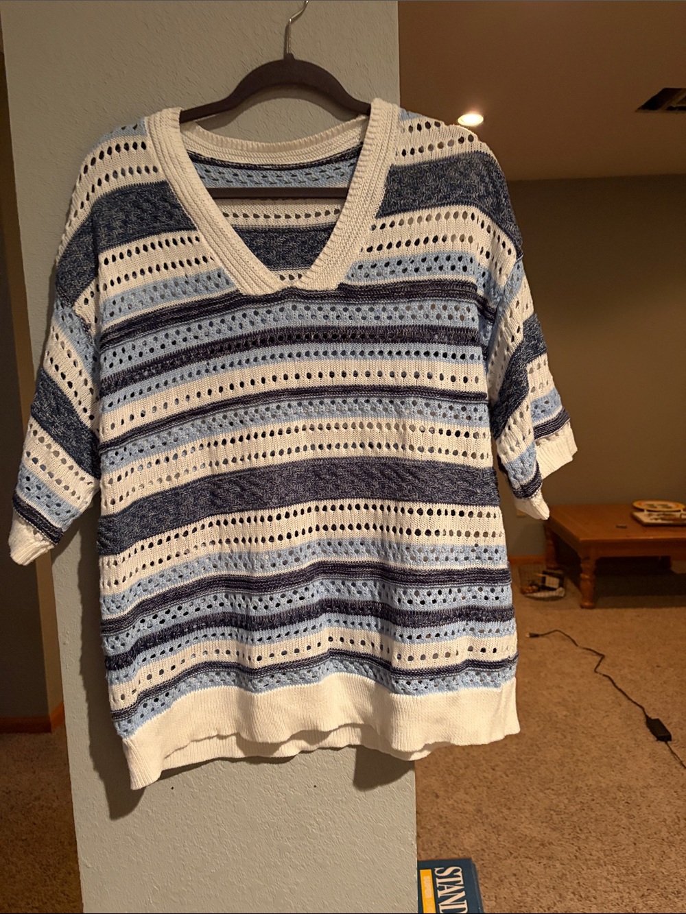 Amazon Women's Blue, Navy & White Striped V-Neck Sweater
